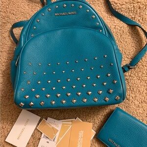 Michael Kors Blue Studded Backpack and wallet